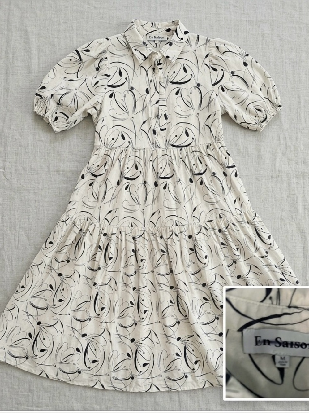 Linen En Saison off white Dress with Black Abstract Floral Print